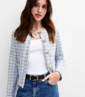 Blue Metallic Boucle Crew Neck Cardigan 