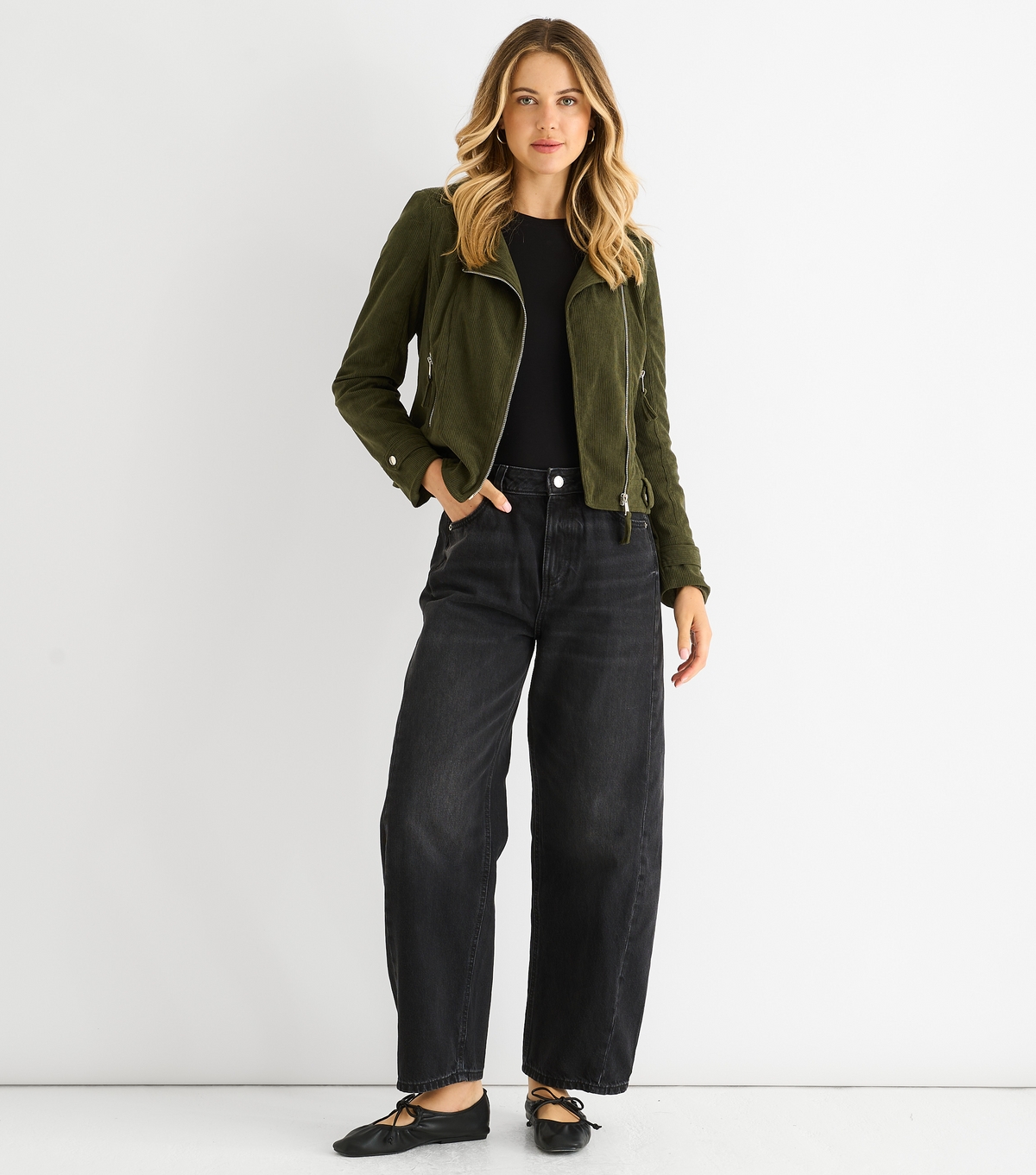 Women's Khaki Corduroy Biker Jacket Gini London New Look