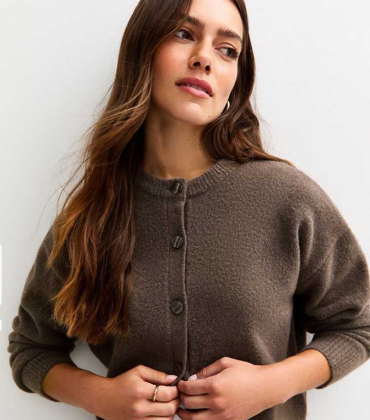 Petite Dark Mink Crew Neck Short Cardigan