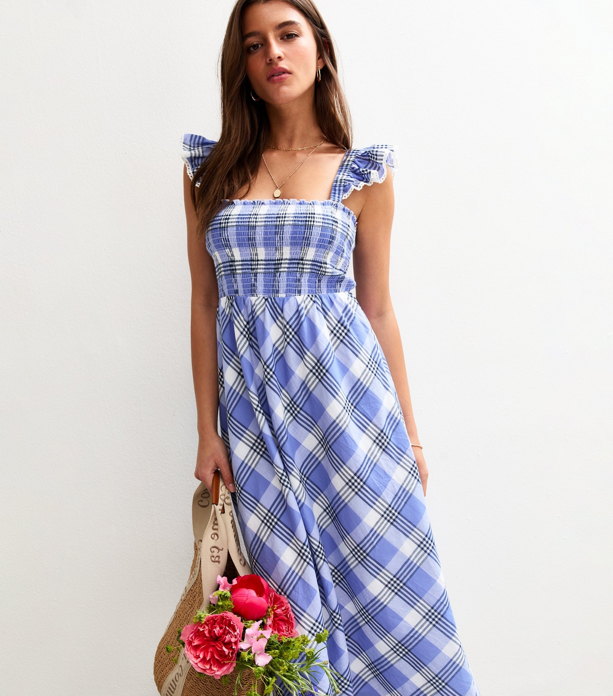 Women's Blue Check Print Shirred Frill Strap Midi Dress New Look