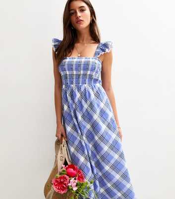 Blue Check Print Shirred Frill Strap Midi Dress