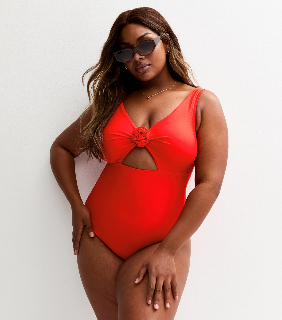 Women's Plus Size Red Floral Applique Cut Out Swimsuit Curves New Look