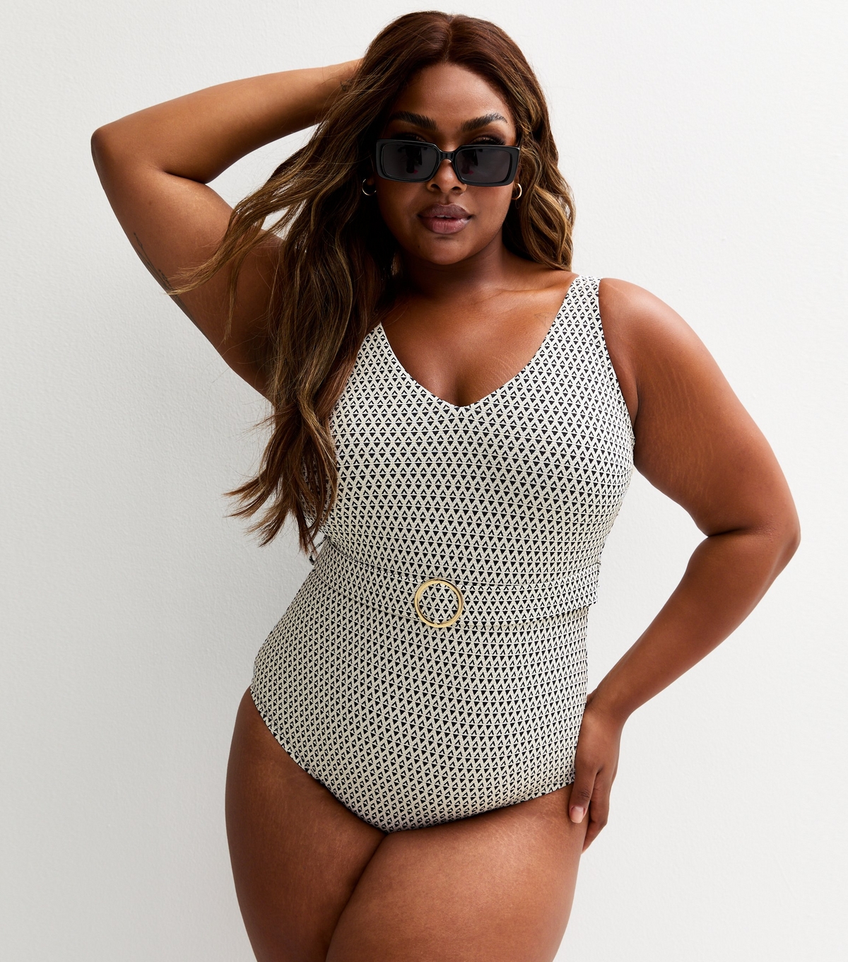 Women's Plus Size Black Geometric Print Belted Swimsuit Curves New Look