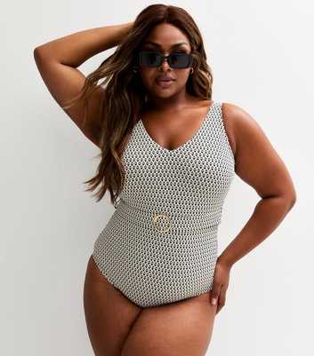 Curves Black Geometric Print Belted Swimsuit