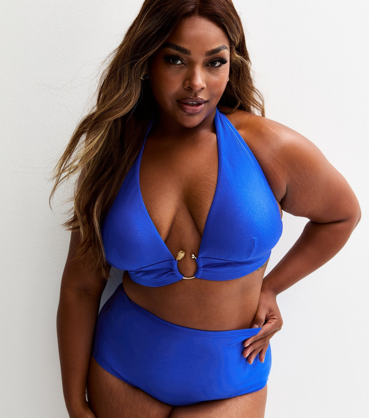 Women's Plus Size Bright Blue Ring Detail Halterneck Bikini Top Curves New Look