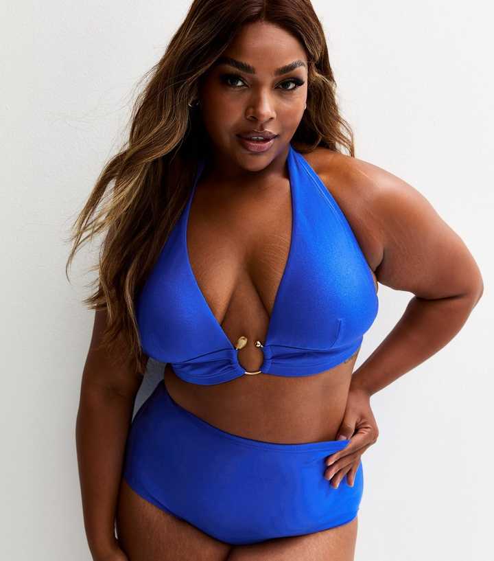 Curves Bright Blue Ring Detail Halterneck Bikini Top