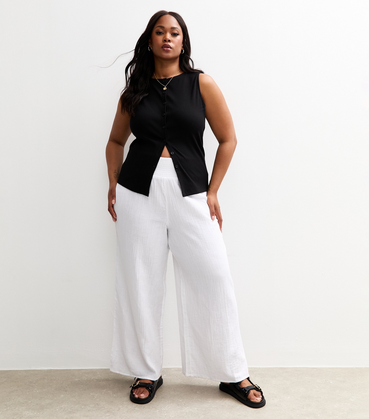 Women's Plus Size White Shirred Waist Wide Leg Trousers Curves New Look