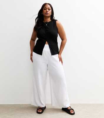 Curves White Shirred Waist Wide Leg Trousers