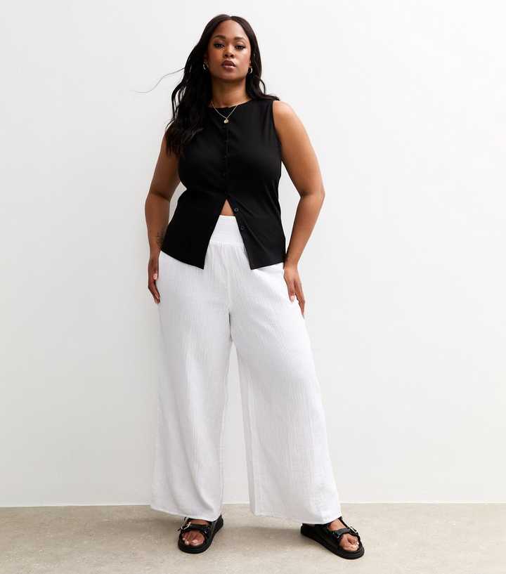 Curves White Shirred Waist Wide Leg Trousers
