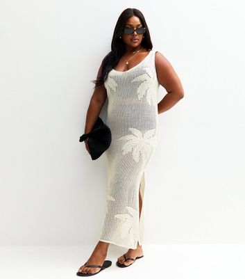 new look beach dress Curves Cream Palm Design Beach Maxi Dress
