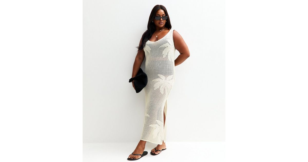 new look beach dress Curves Cream Palm Design Beach Maxi Dress