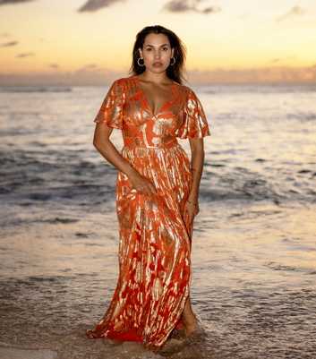 Gini London Orange Metallic Floral Maxi Dress