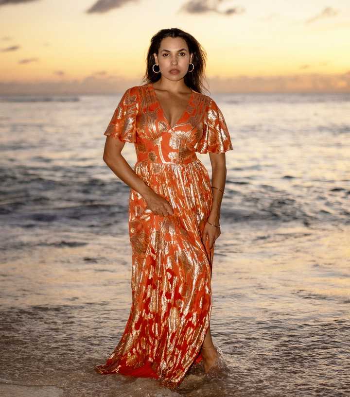 Gini London Orange Metallic Floral Maxi Dress