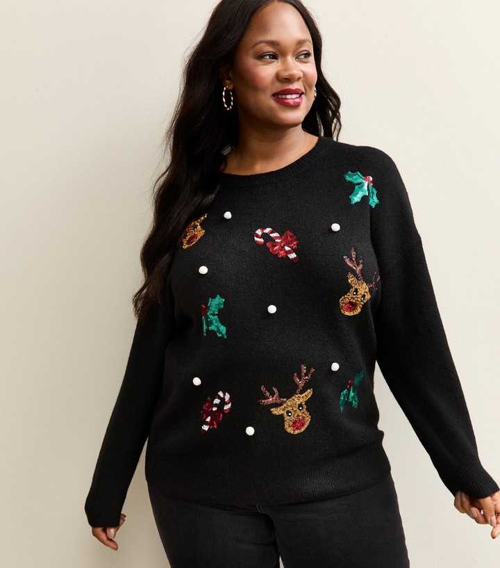 Curves Black Christmas Reindeer Sequin Jumper