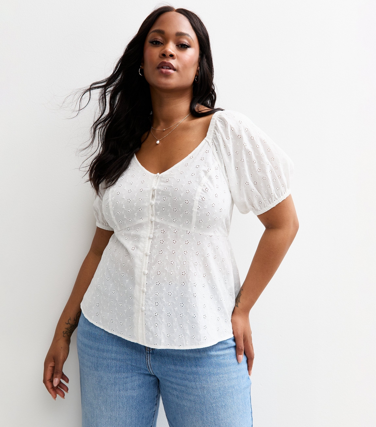 Women's Plus Size White Cutwork V-Neck Tea Blouse Curves New Look