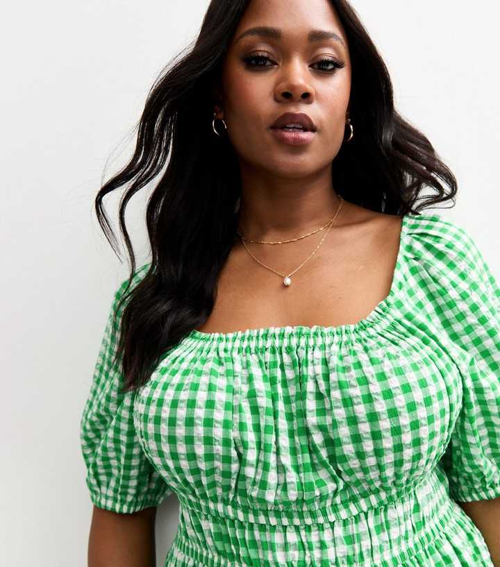women's green gingham dress Curves Print Textured Milkmaid Midi base_color:Multi