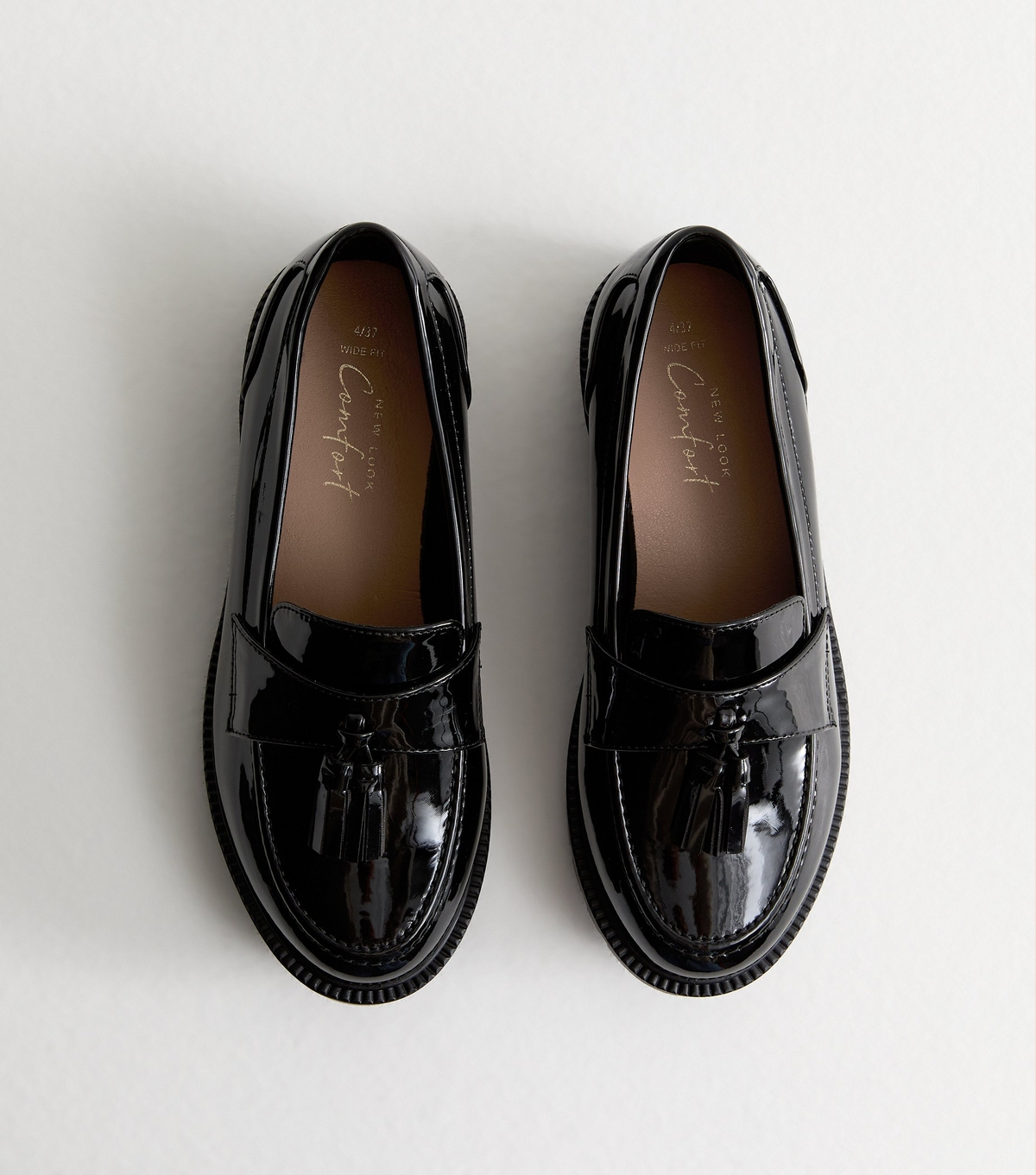 Women's Wide Fit Black Patent Chunky Tassel Loafers Vegan New Look