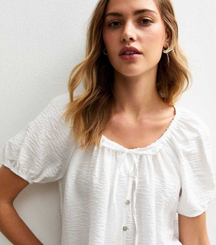 White Crinkle Buttoned Top