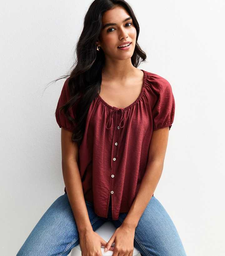 Burgundy Crinkle Buttoned Top