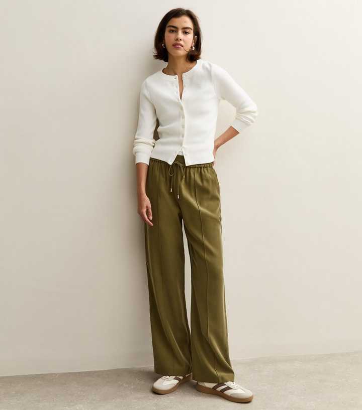 Khaki Wide Leg Drawstring Waist Joggers