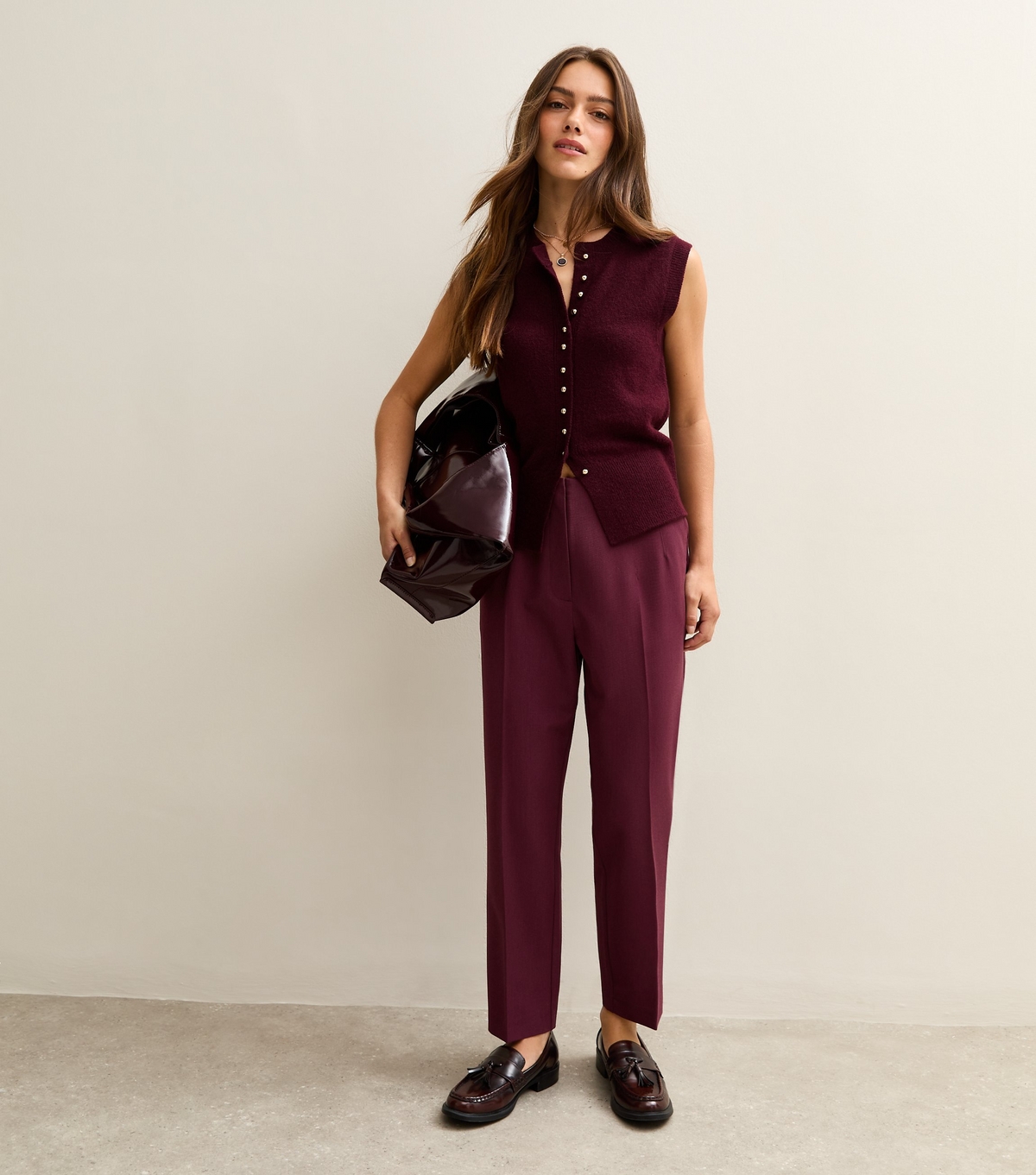 Women's Petite Burgundy Pressed Crease Tapered Trousers New Look