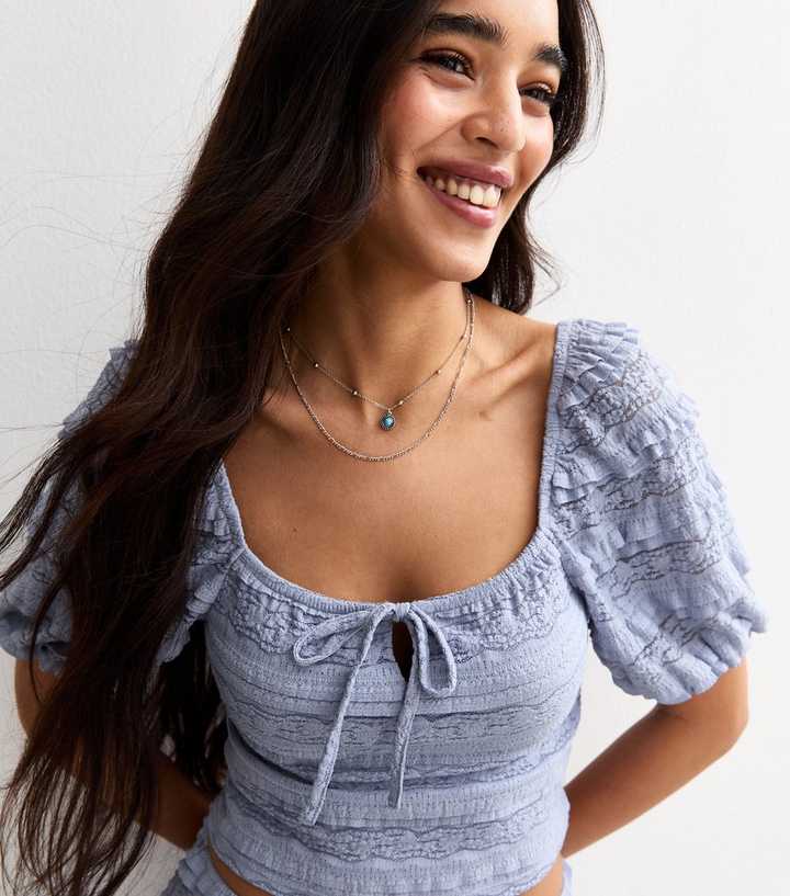 Blue Smocked Puff Sleeve Top