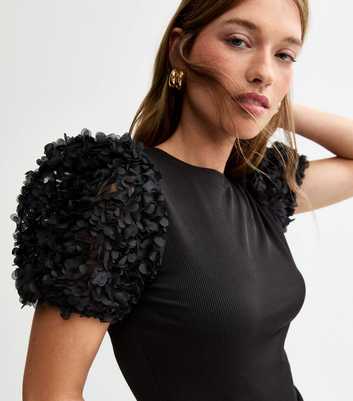 Black Jersey Floral Mesh Puff Sleeve Ribbed Top