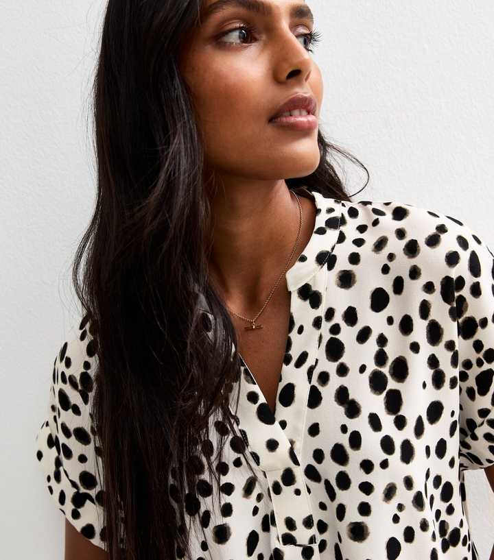 White Dalmatian Print V-Neck Blouse