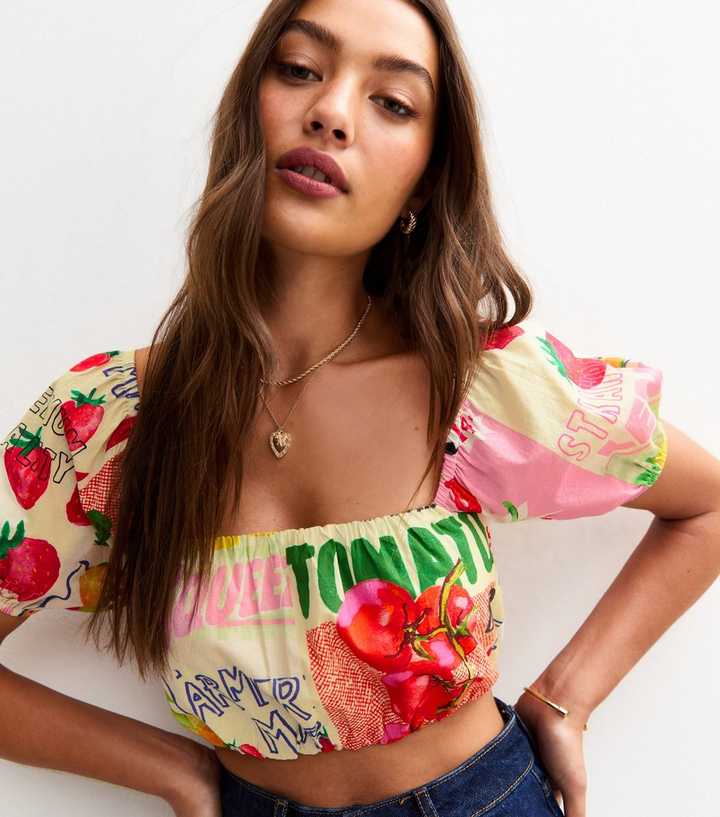 Multicolour Fruit Print Puff Sleeve Cropped Top
