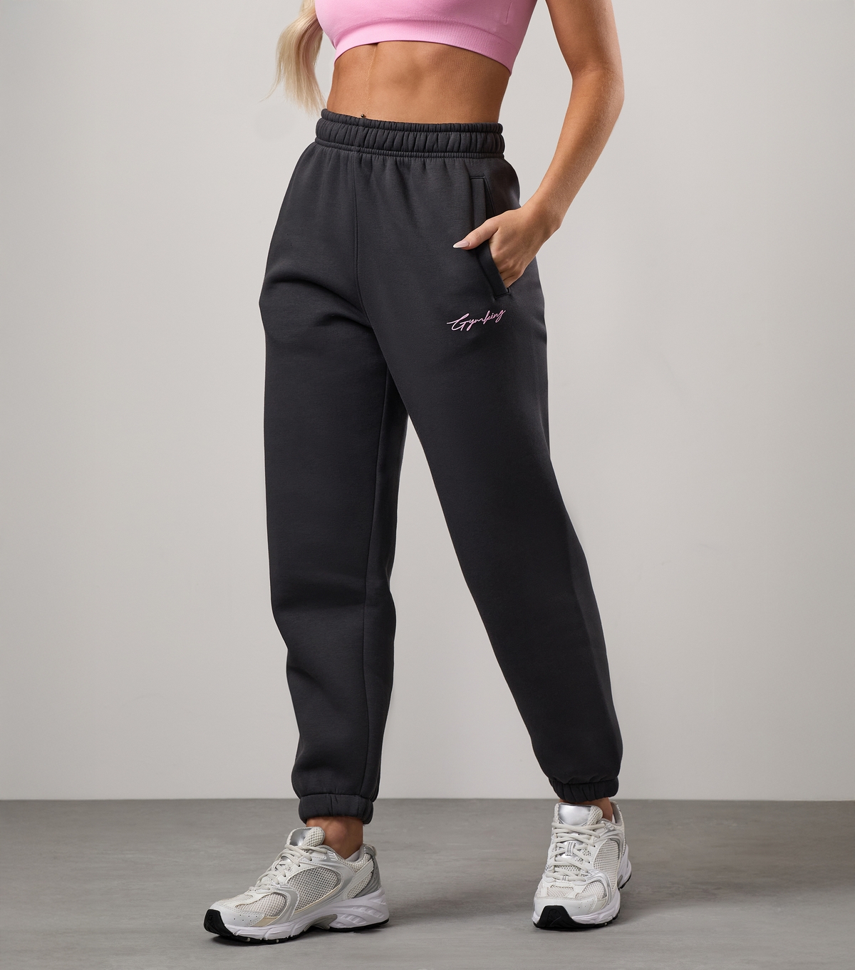 Women's Dark Grey Embroidered Logo Joggers Gym King New Look