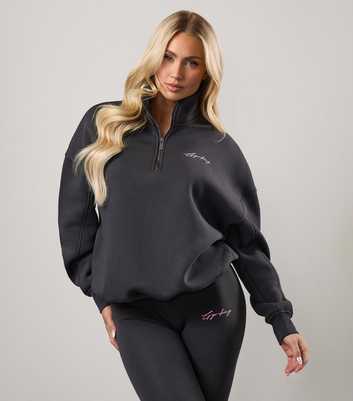 Gym King Dark Grey Logo Print Quarter Zip Sweatshirt