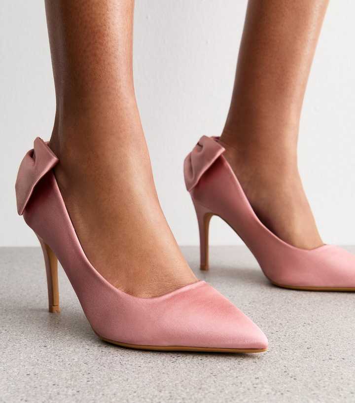 Wide Fit Pink Bow Applique Satin Court Shoes