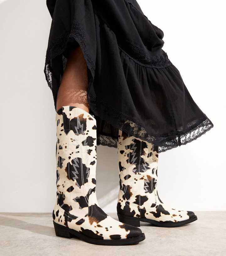 Public Desire White Cow Print Faux Leather Boots