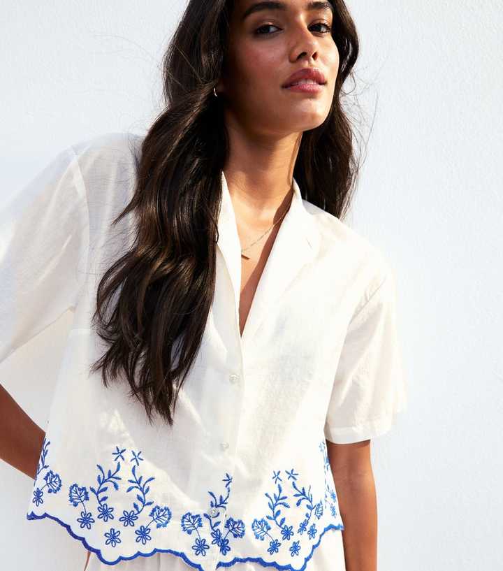 White Floral Embroidered Shirt