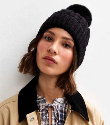 Black Cable Knit Faux Fur Pom Pom Bobble Hat