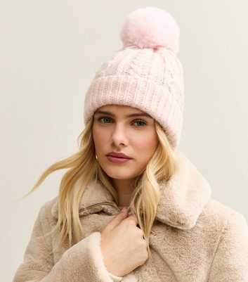 Light Pink Cable Knit Faux Fur Pom Pom Bobble Hat