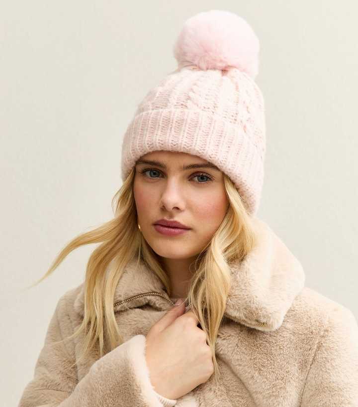 Light Pink Cable Knit Faux Fur Pom Pom Bobble Hat New Look