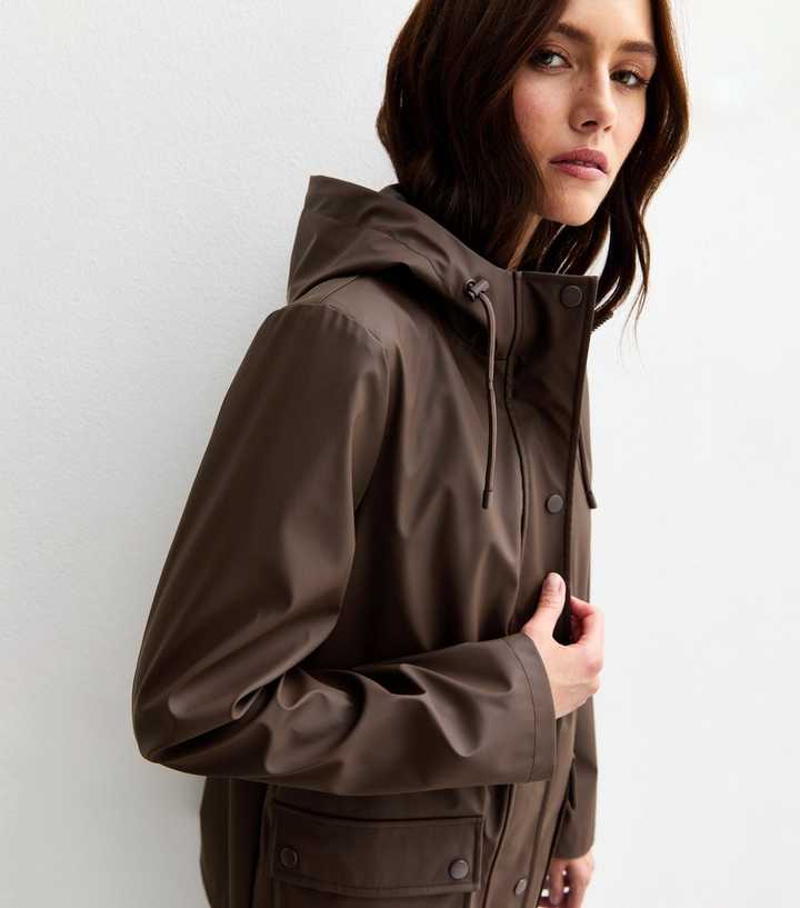 Dark Brown Water Resistant Drawstring Hood Rain Anorak