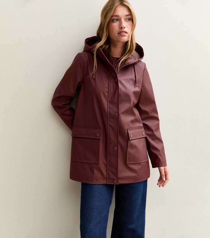 Burgundy Water Resistant Drawstring Hood Rain Anorak