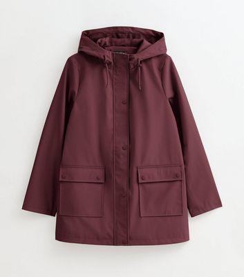 Burgundy Water Resistant Drawstring Hood Rain Anorak | New Look