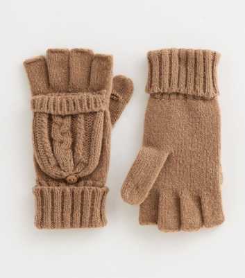 Camel Cable Knit Flip Top Gloves