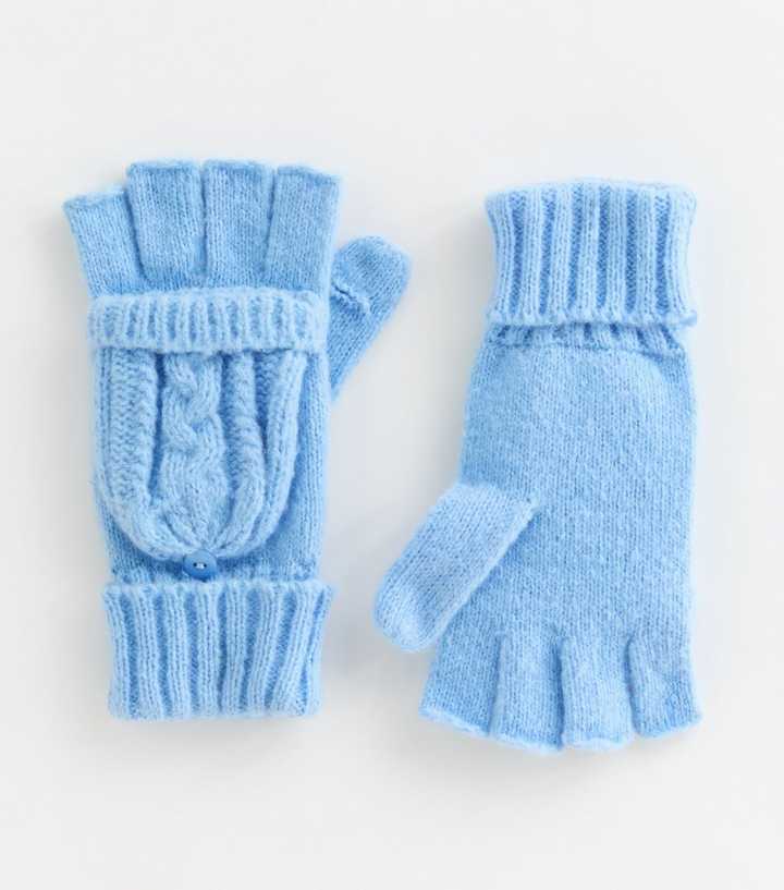 Blue Cable Knit Flip Top Gloves