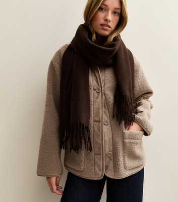 Dark Brown Long Fringed Midweight Knit Scarf