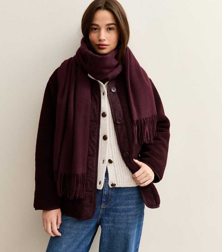 Burgundy Long Fringed Midweight Knit Scarf