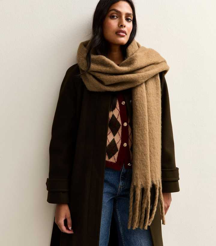 Camel Brushed Fringed Edge Heavyweight Scarf