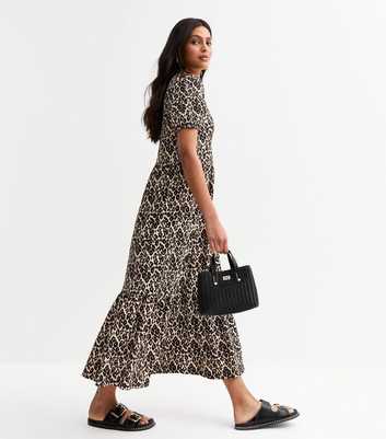 Brown Leopard Print Crinkle Textured Midi Smock Dress