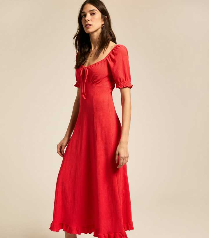 Red Square Neck Crinkled Jersey Midi Dress