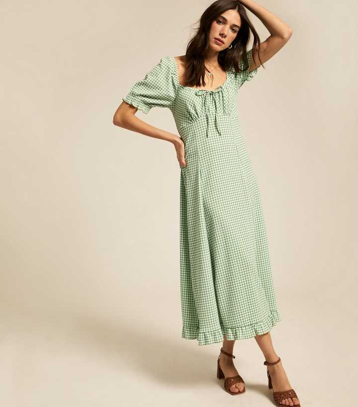 Green Crinkled Gingham Check Midi Dress