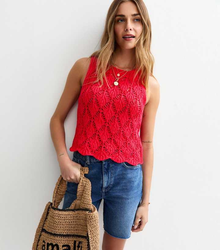 Bright Red Open Knit Vest Top