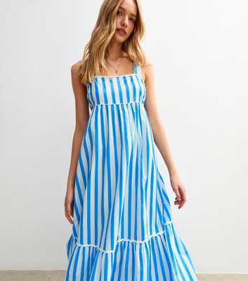Blue Striped Scalloped Edge Midi Dress